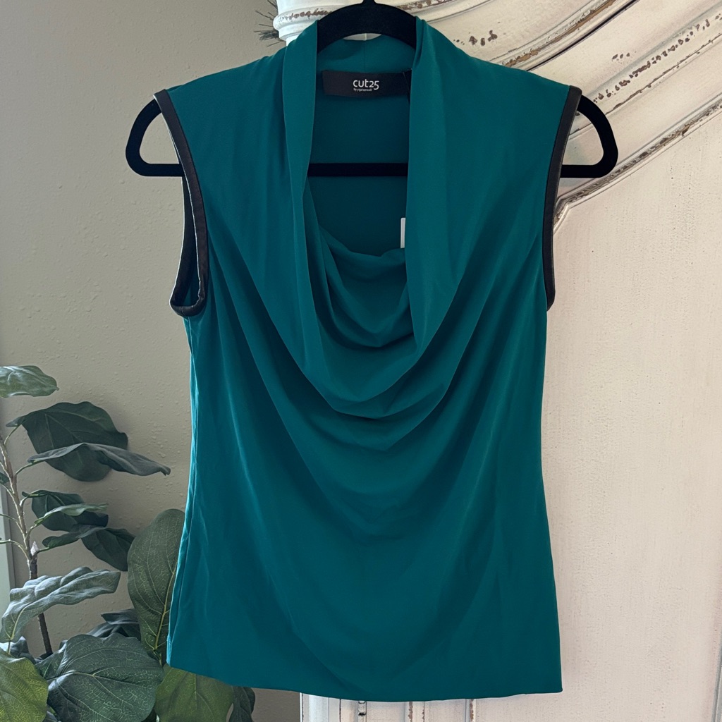 Cut25 By Yigal Azrouel Teal & Black Leather Trim Sleeveless Cowl Neck Top New Xs